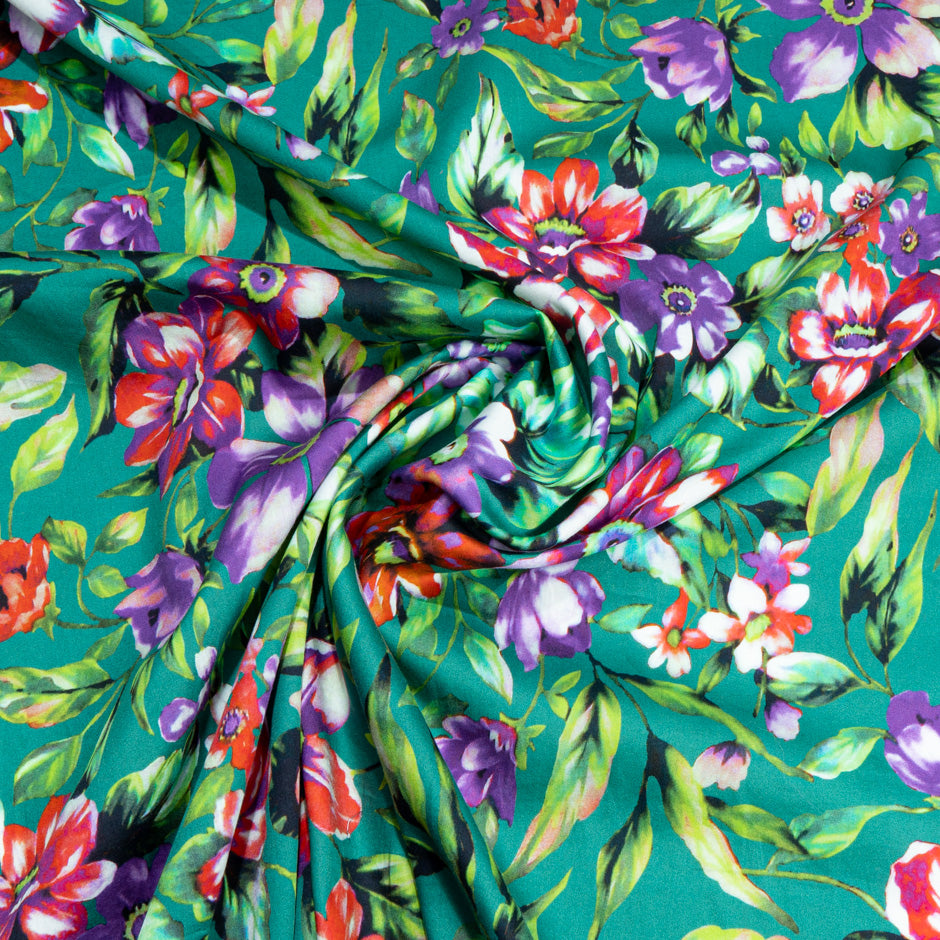 Purple & Red Floral Printed Deep Green Luxury Cotton (A 2.20m Piece)