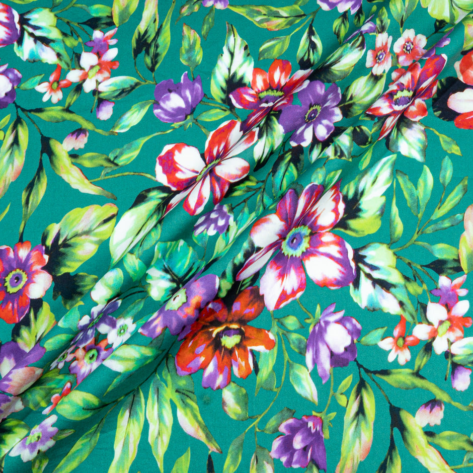 Purple & Red Floral Printed Deep Green Luxury Cotton (A 2.20m Piece)