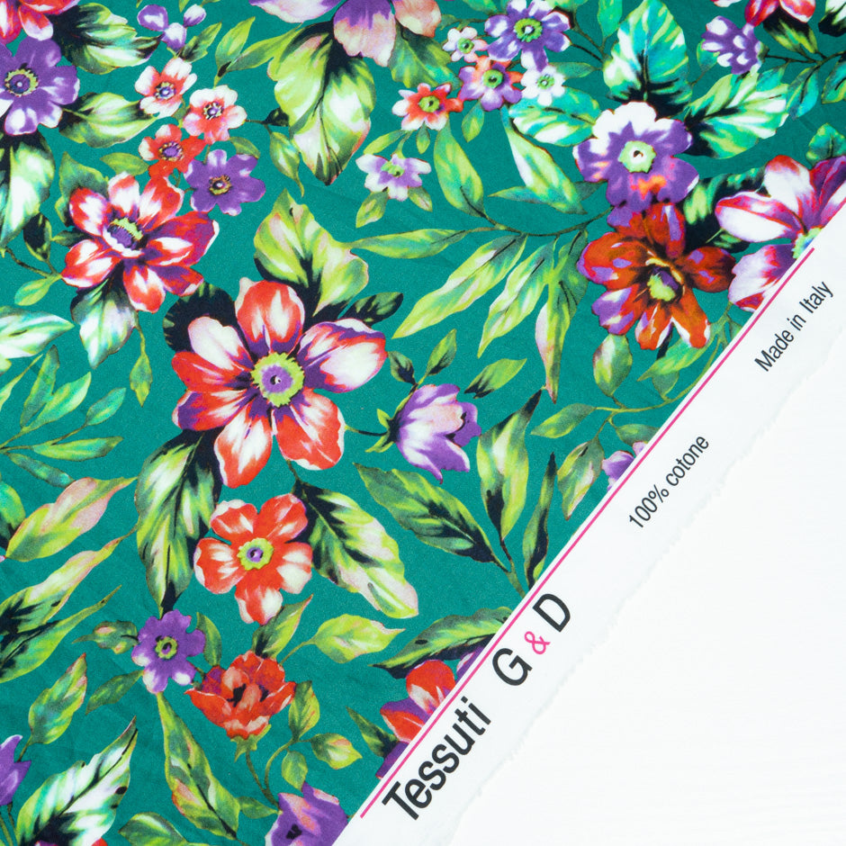 Purple & Red Floral Printed Deep Green Luxury Cotton (A 2.20m Piece)