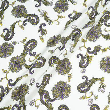 Purple & Yellow Paisley Printed White Luxury Cotton