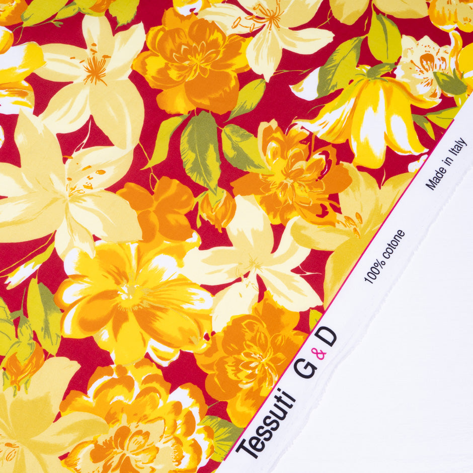 Orange & Yellow Floral Printed Deep Cherry Red Pure Cotton