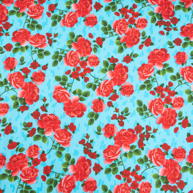 Red Rose Printed Turquoise Luxury Cotton