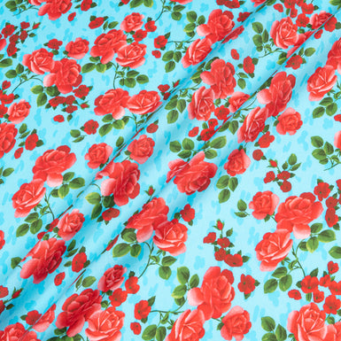 Red Rose Printed Turquoise Luxury Cotton