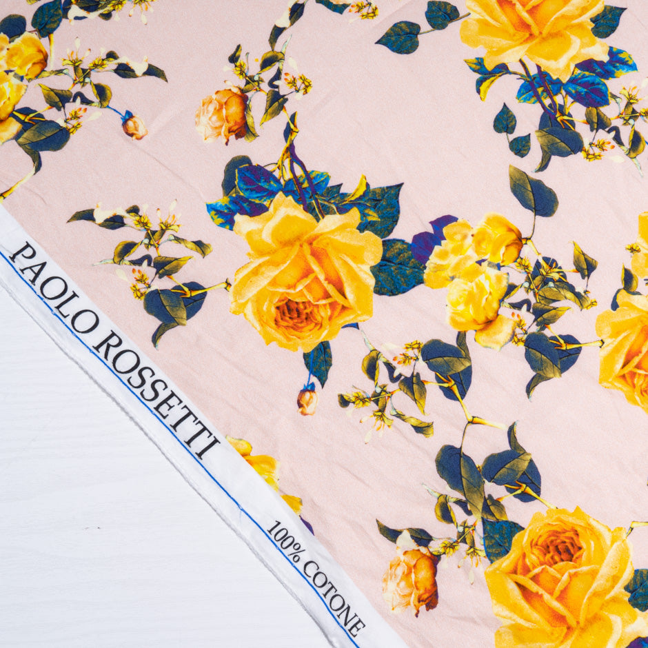 Yellow Rose Printed Baby Pink Pure Cotton