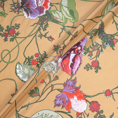 Bird & Floral Printed Deep Beige Silk & Cotton Blend