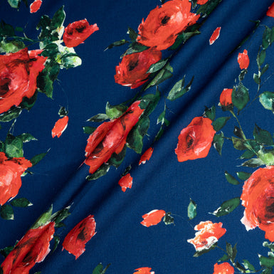 Red Rose Printed French Blue Pure Merino Wool