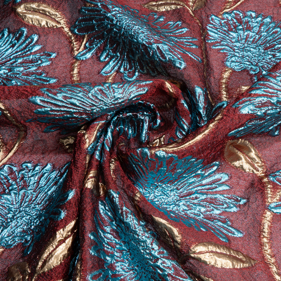 Turquoise & Gold Metallic Jacquard Maroon Organza