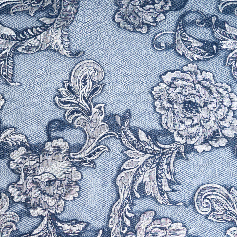Metallic Silver Floral Jacquard Navy Organza Cloqué