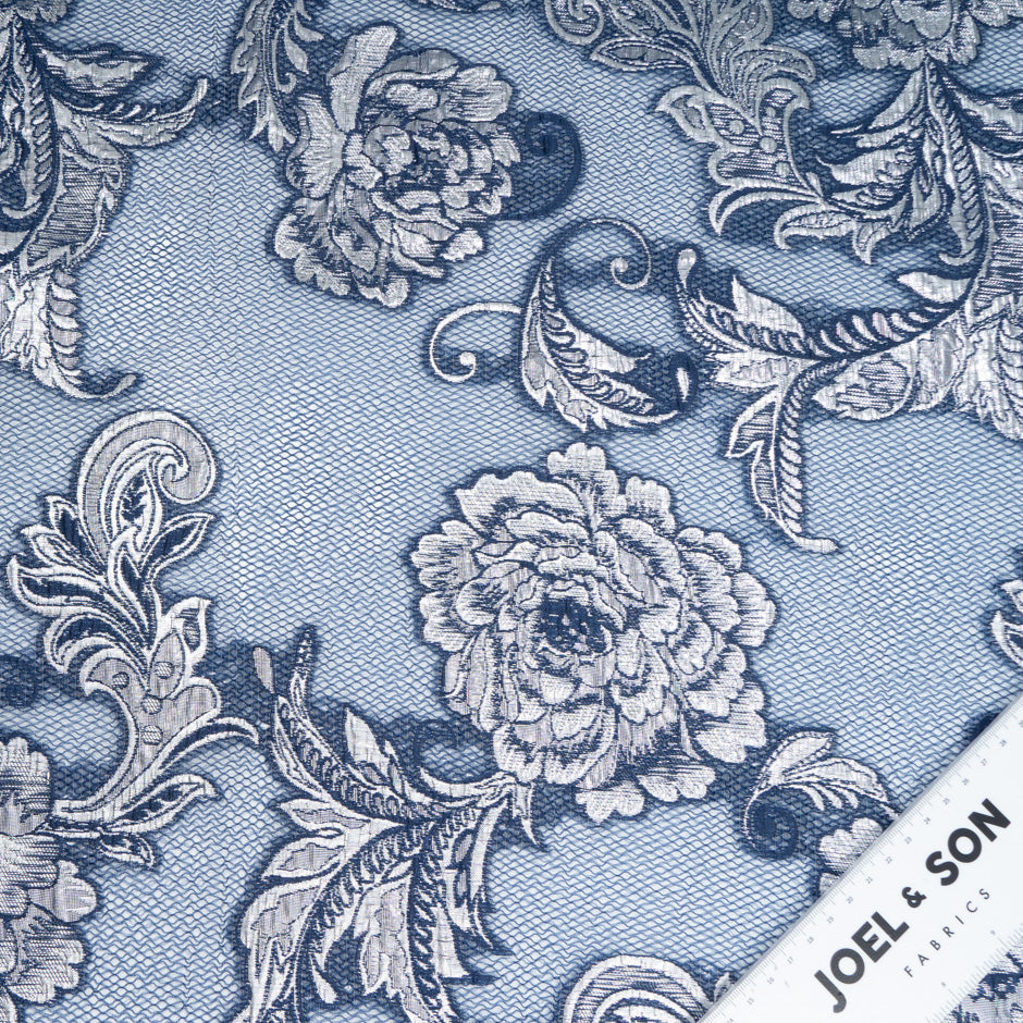 Metallic Silver Floral Jacquard Navy Organza Cloqué