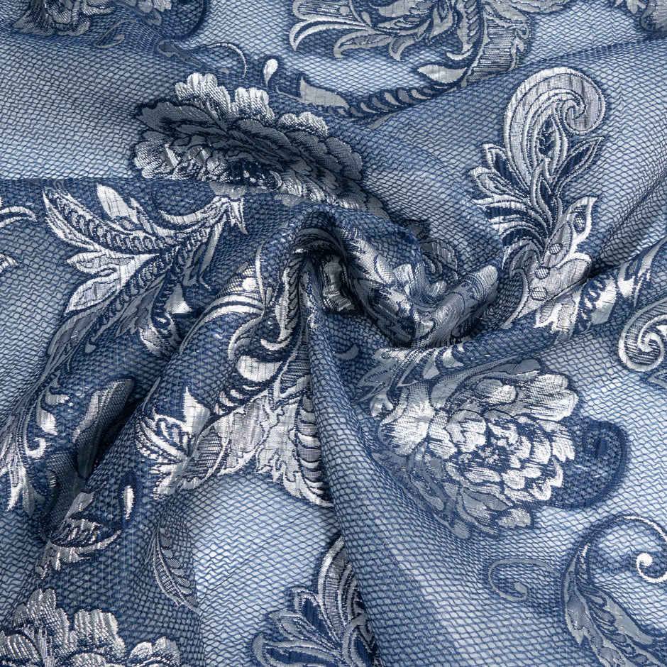 Metallic Silver Floral Jacquard Navy Organza Cloqué