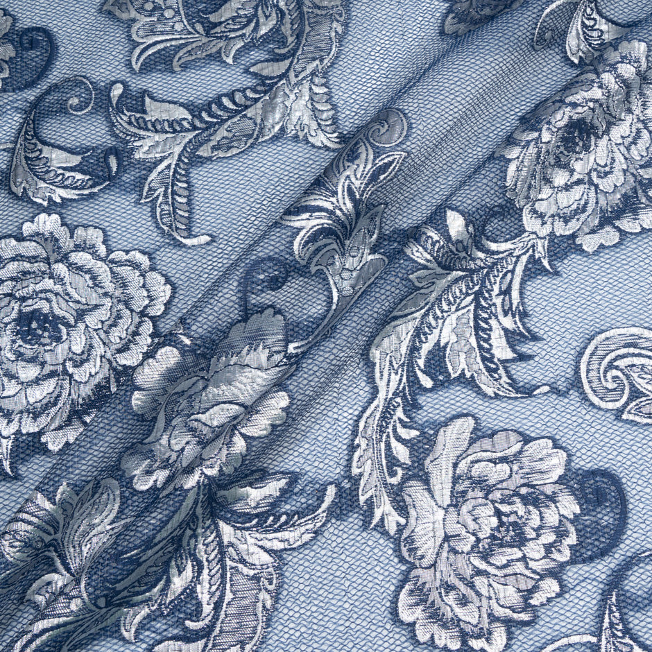 Metallic Silver Floral Jacquard Navy Organza Cloqué