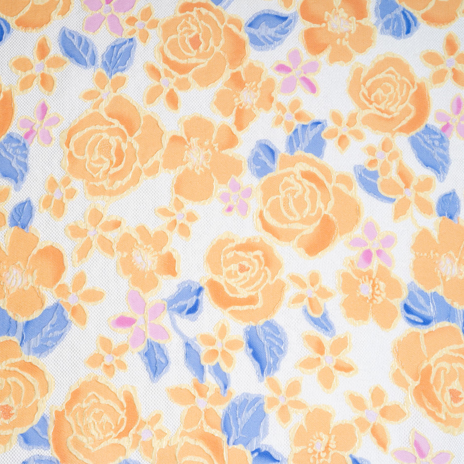 Orange & Blue Floral Ivory Silk Blend Cloqué