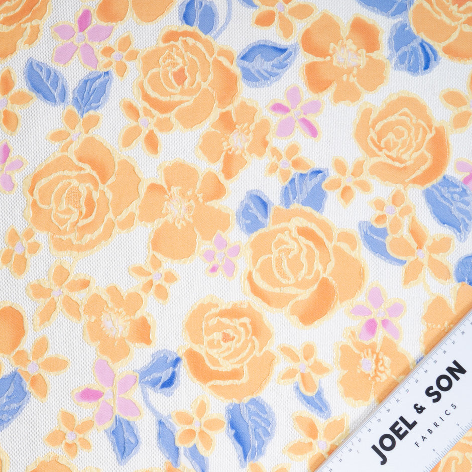 Orange & Blue Floral Ivory Silk Blend Cloqué