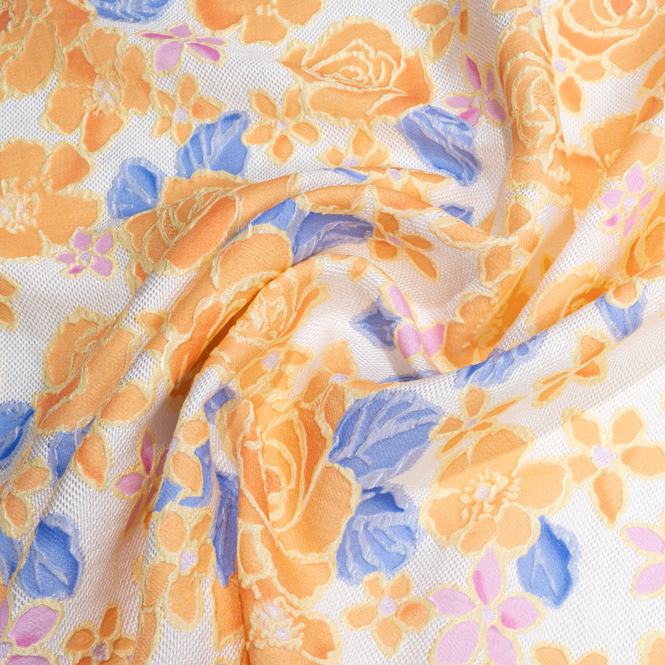Orange & Blue Floral Ivory Silk Blend Cloqué