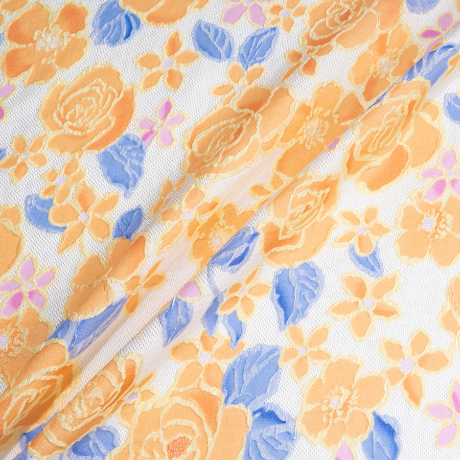Orange & Blue Floral Ivory Silk Blend Cloqué