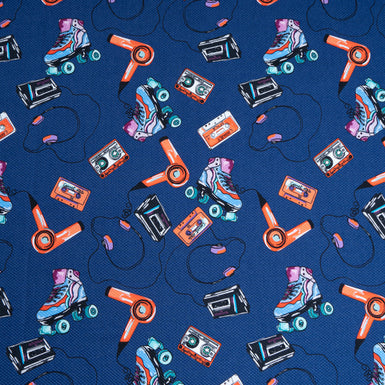 Hairdryer & Roller Skates Printed Blue Cotton Piqué