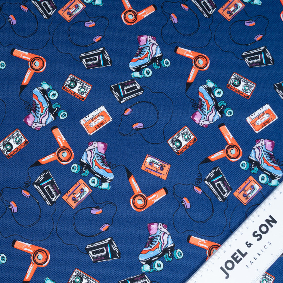 Hairdryer & Roller Skates Printed Blue Cotton Piqué
