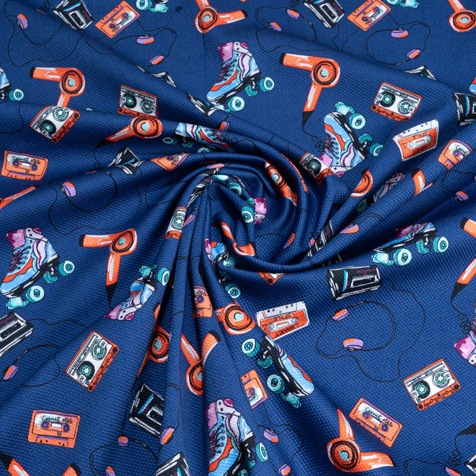 Hairdryer & Roller Skates Printed Blue Cotton Piqué