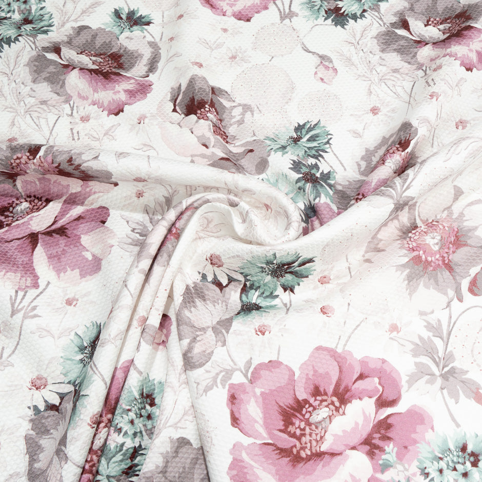Antique Pink Floral Printed Ivory Cotton Piqué