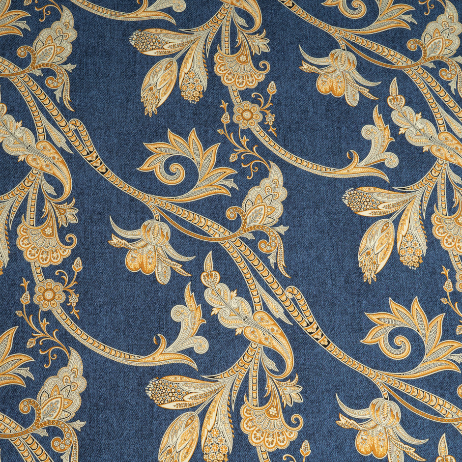 Decorative Yellow Floral Printed Blue Stretch Cotton (A 3.10m Piece)