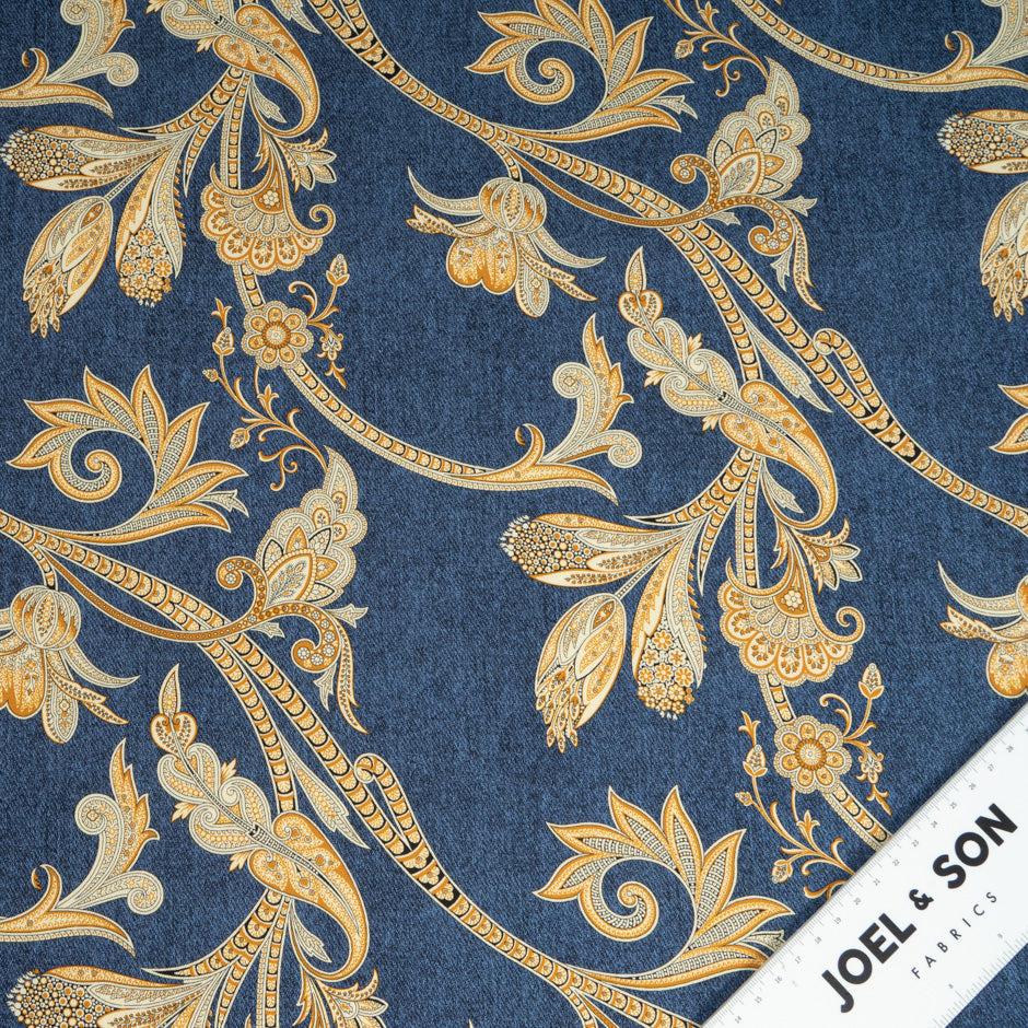 Decorative Yellow Floral Printed Blue Stretch Cotton (A 3.10m Piece)