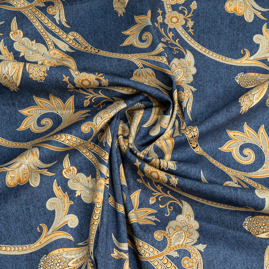 Decorative Yellow Floral Printed Blue Stretch Cotton (A 3.10m Piece)