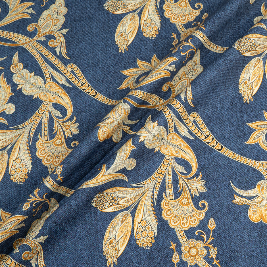 Decorative Yellow Floral Printed Blue Stretch Cotton (A 3.10m Piece)