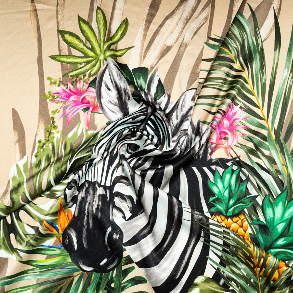Zebra Printed Soft Beige Pure Silk Satin