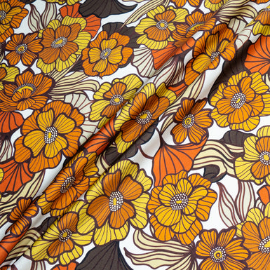 Orange, Yellow & Brown Floral Printed Silk Twill