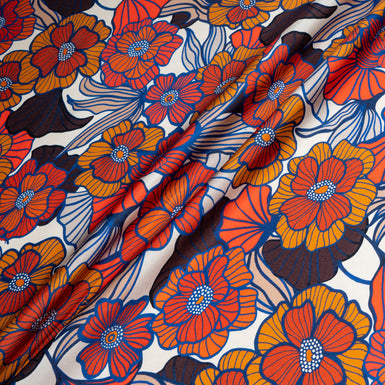 Orange, Blue & Brown Floral Printed Silk Twill