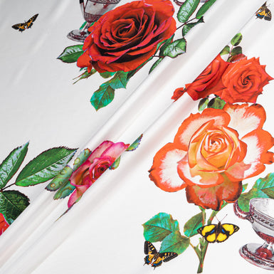 Rose & Butterfly Printed White Pure Silk Twill