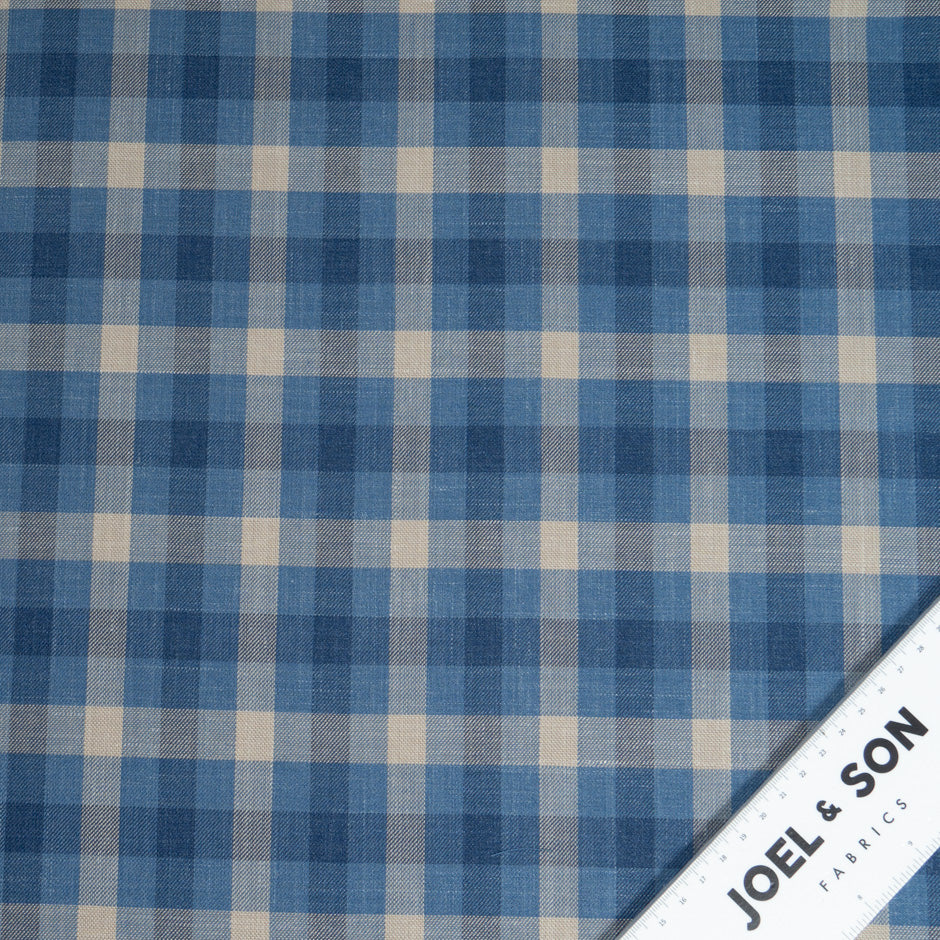 Blue & Stone Checkered Wool, Silk & Linen Blend Suiting
