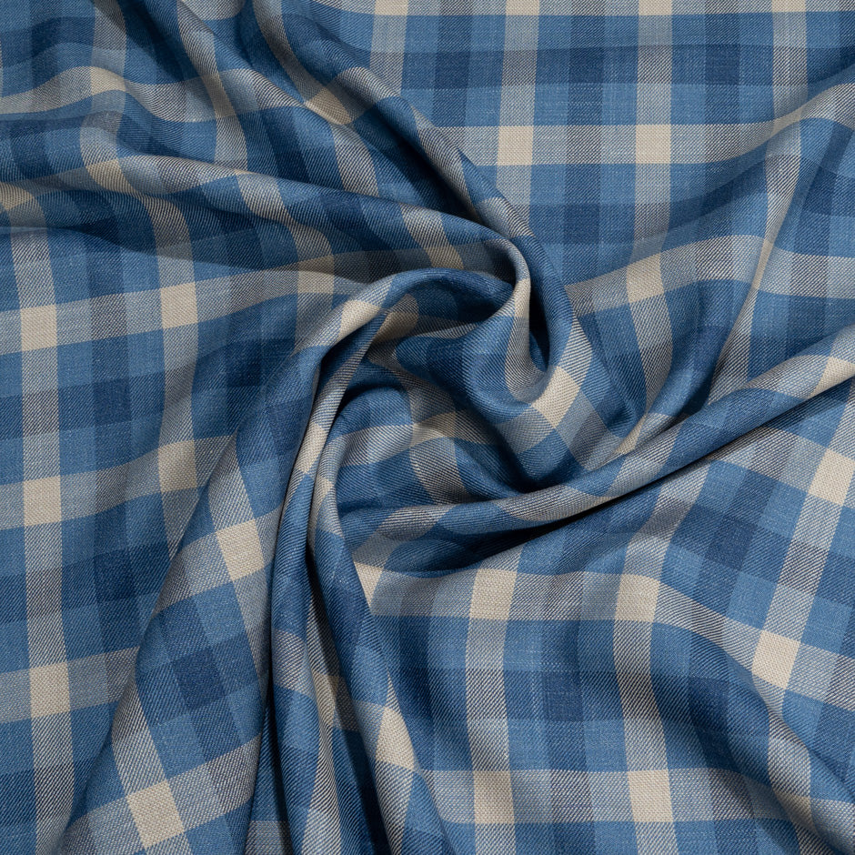 Blue & Stone Checkered Wool, Silk & Linen Blend Suiting