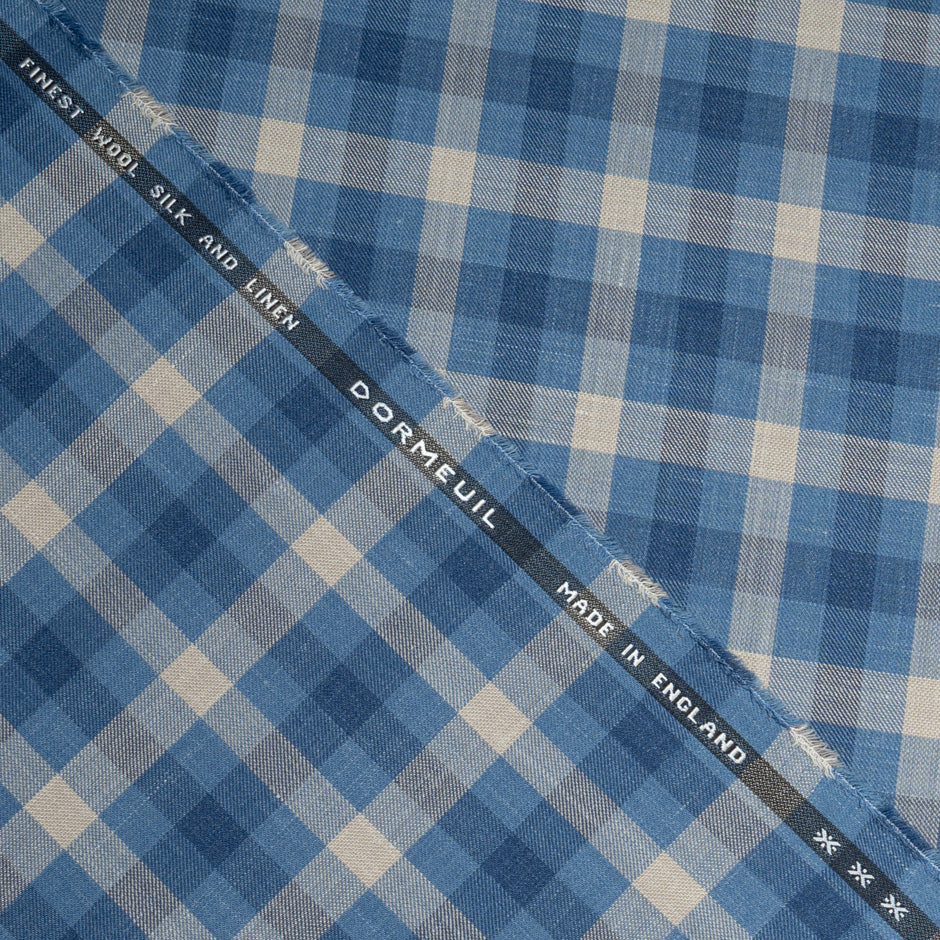 Blue & Stone Checkered Wool, Silk & Linen Blend Suiting
