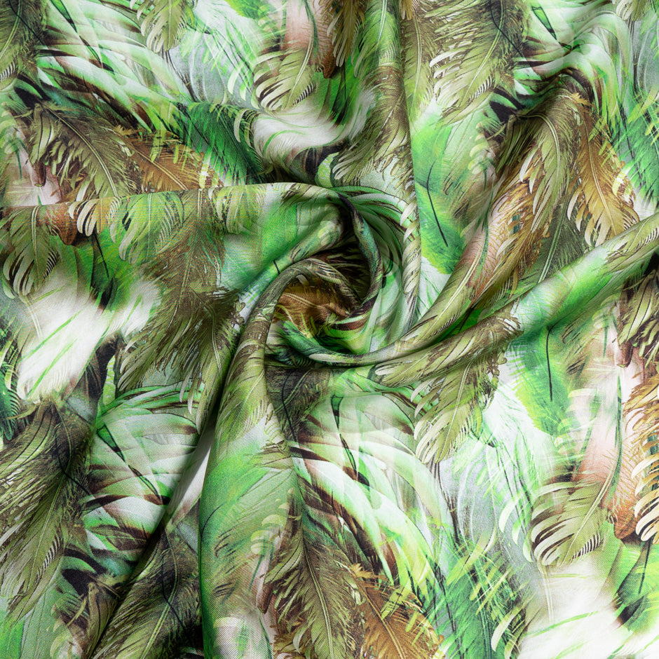 Green & Brown Feathered Leaf Printed Pure Silk Twill (A 2,70m Piece)