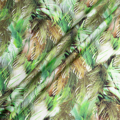 Green & Brown Feathered Leaf Printed Pure Silk twill