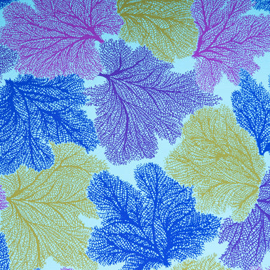 Multi-Coloured Leaf Printed Sky Blue Silk Satin