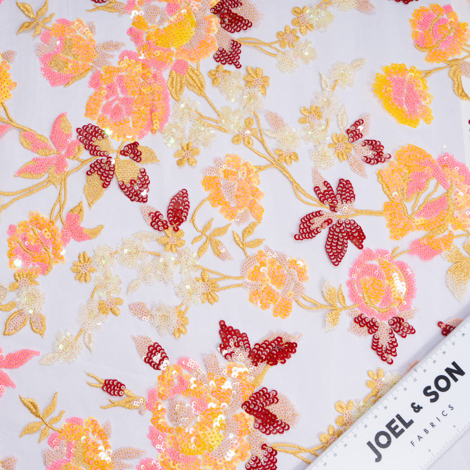 Red, Orange & Bright Pink Floral Embroidered Tulle