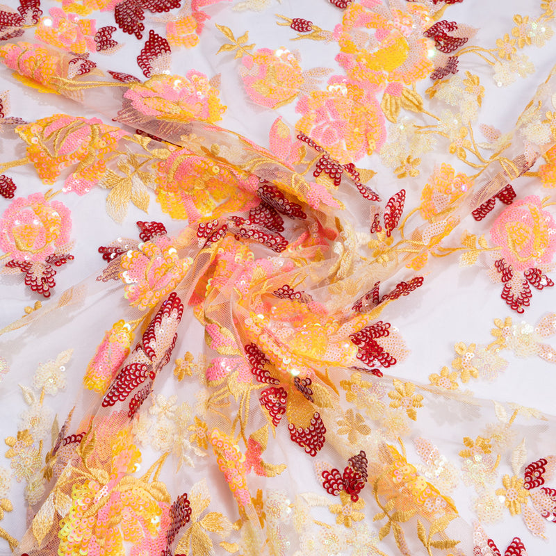 Patterned Tulle Red, Orange & Bright Pink Floral Embroidered Tulle