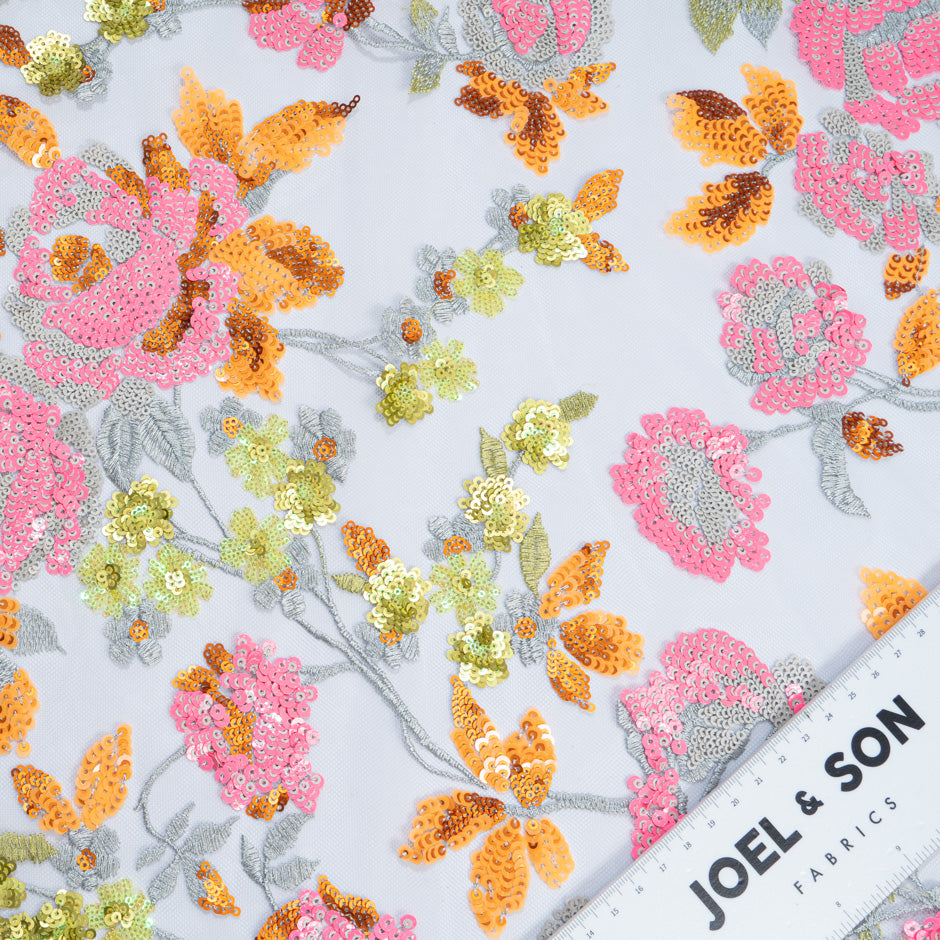 Candy Pink & Orange Floral Embroidered Grey Tulle
