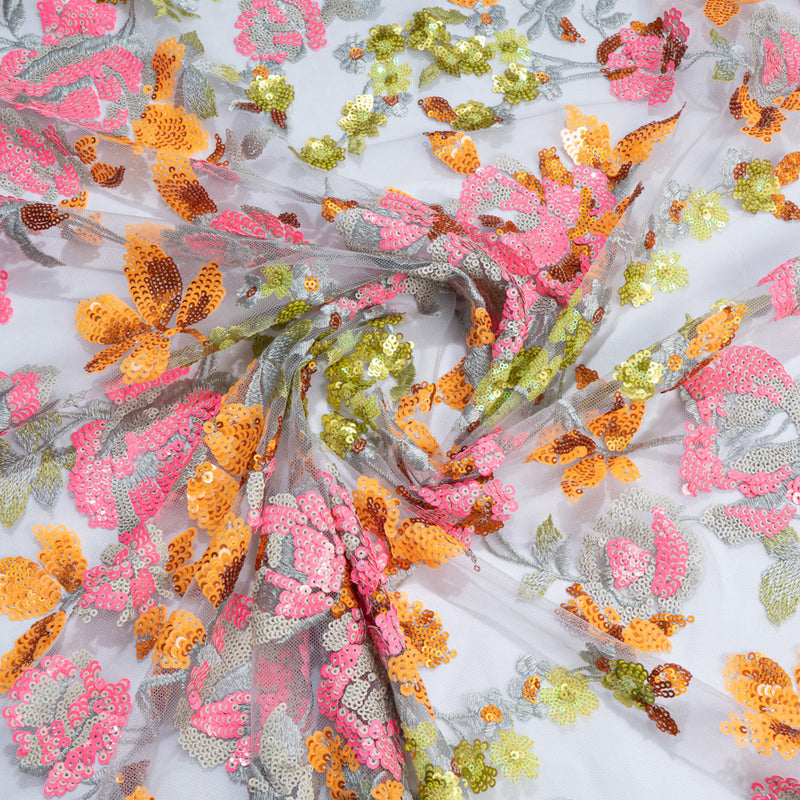 Patterned Tulle Candy Pink & Orange Floral Embroidered Grey Tulle