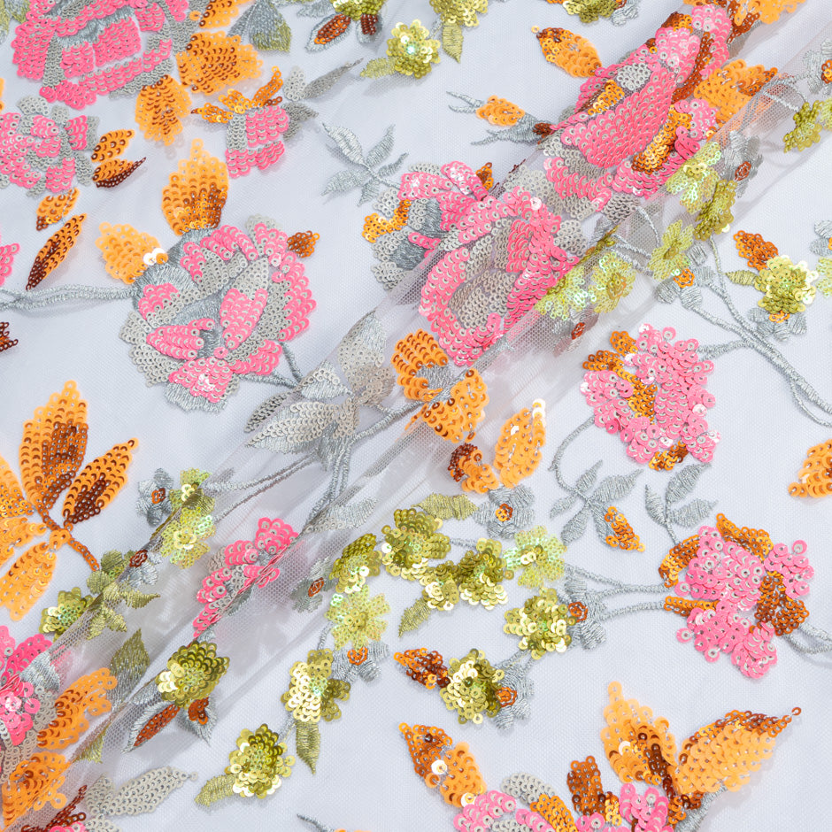 Patterned Tulle Candy Pink & Orange Floral Embroidered Grey Tulle