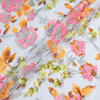 Candy Pink & Orange Floral Embroidered Grey Tulle