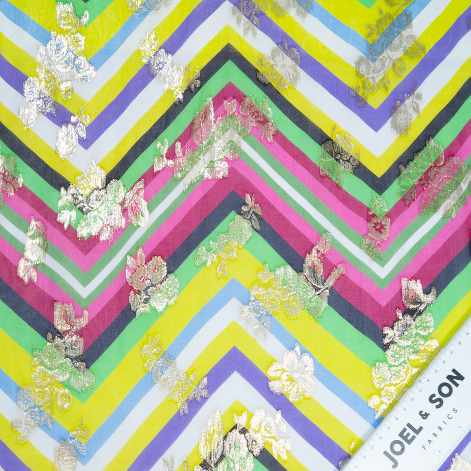 Gold Metallic Floral Jacquard Zig Zag Silk Georgette