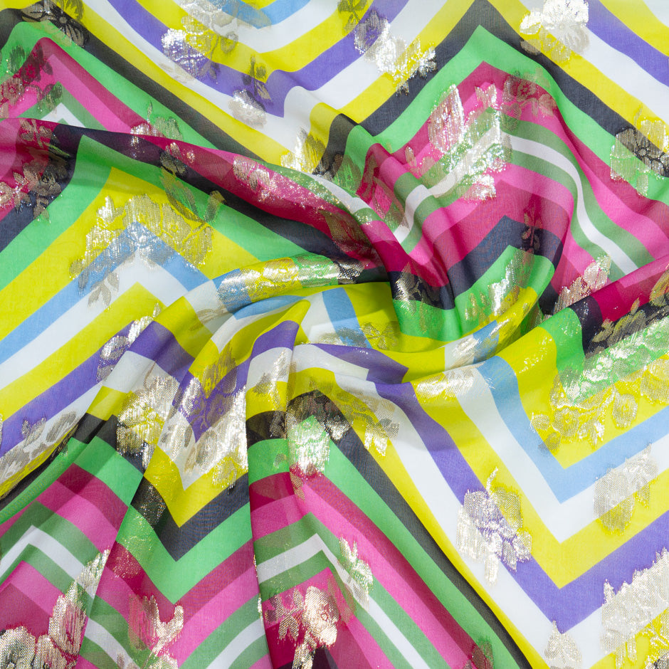 Gold Metallic Floral Jacquard Zig Zag Silk Georgette