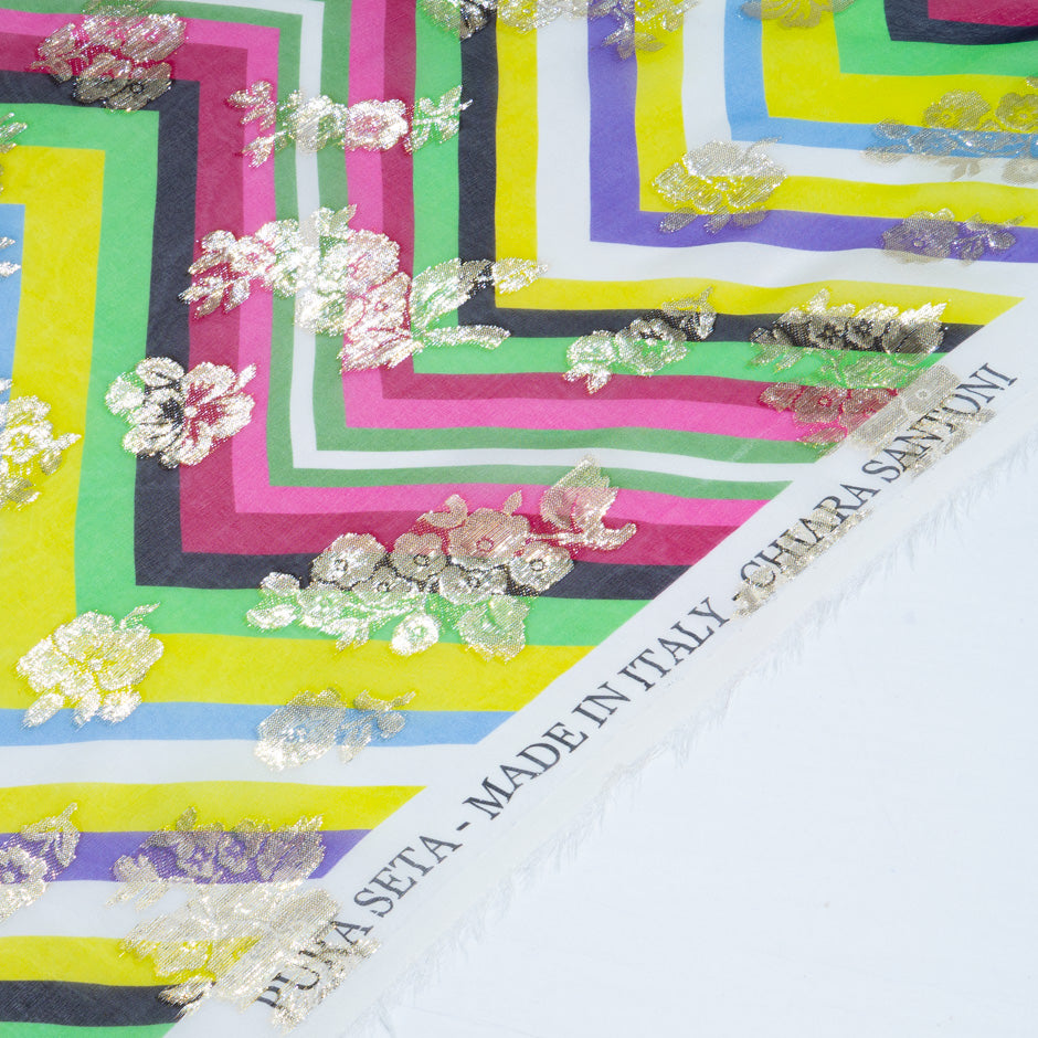 Gold Metallic Floral Jacquard Zig Zag Silk Georgette