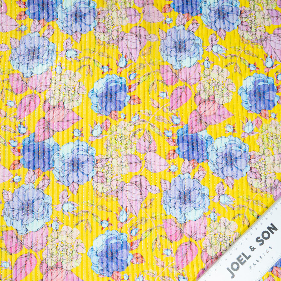 Blue & Pink Floral Printed Yellow & Metallic Silk Georgette