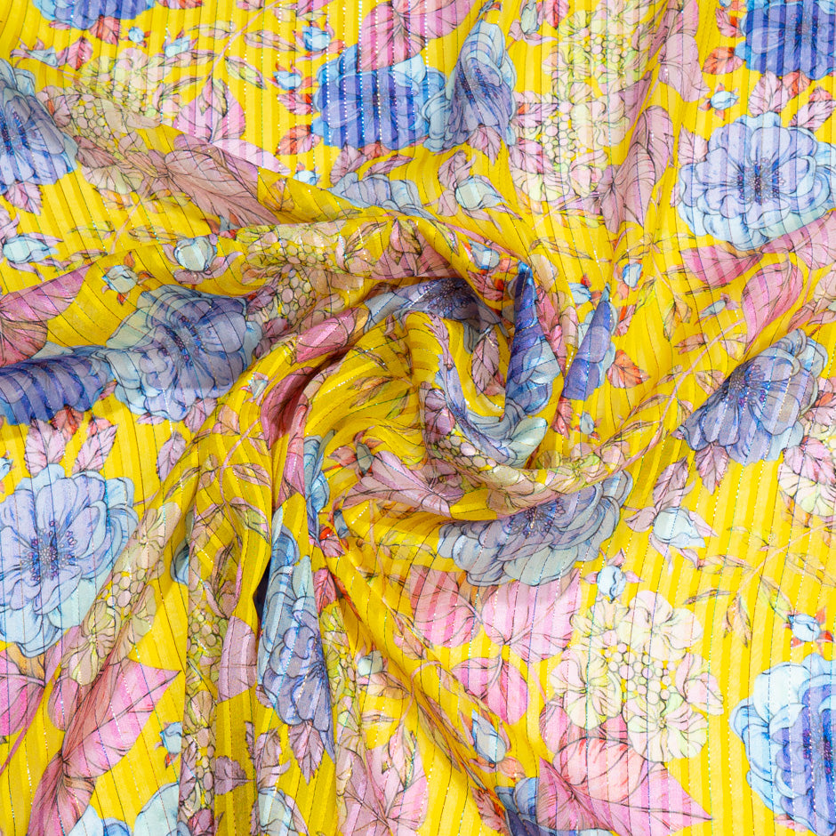 Blue & Pink Floral Printed Yellow & Metallic Silk Georgette