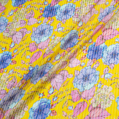Blue & Pink Floral Printed Yellow & Metallic Silk Georgette