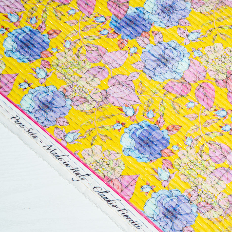 Blue & Pink Floral Printed Yellow & Metallic Silk Georgette